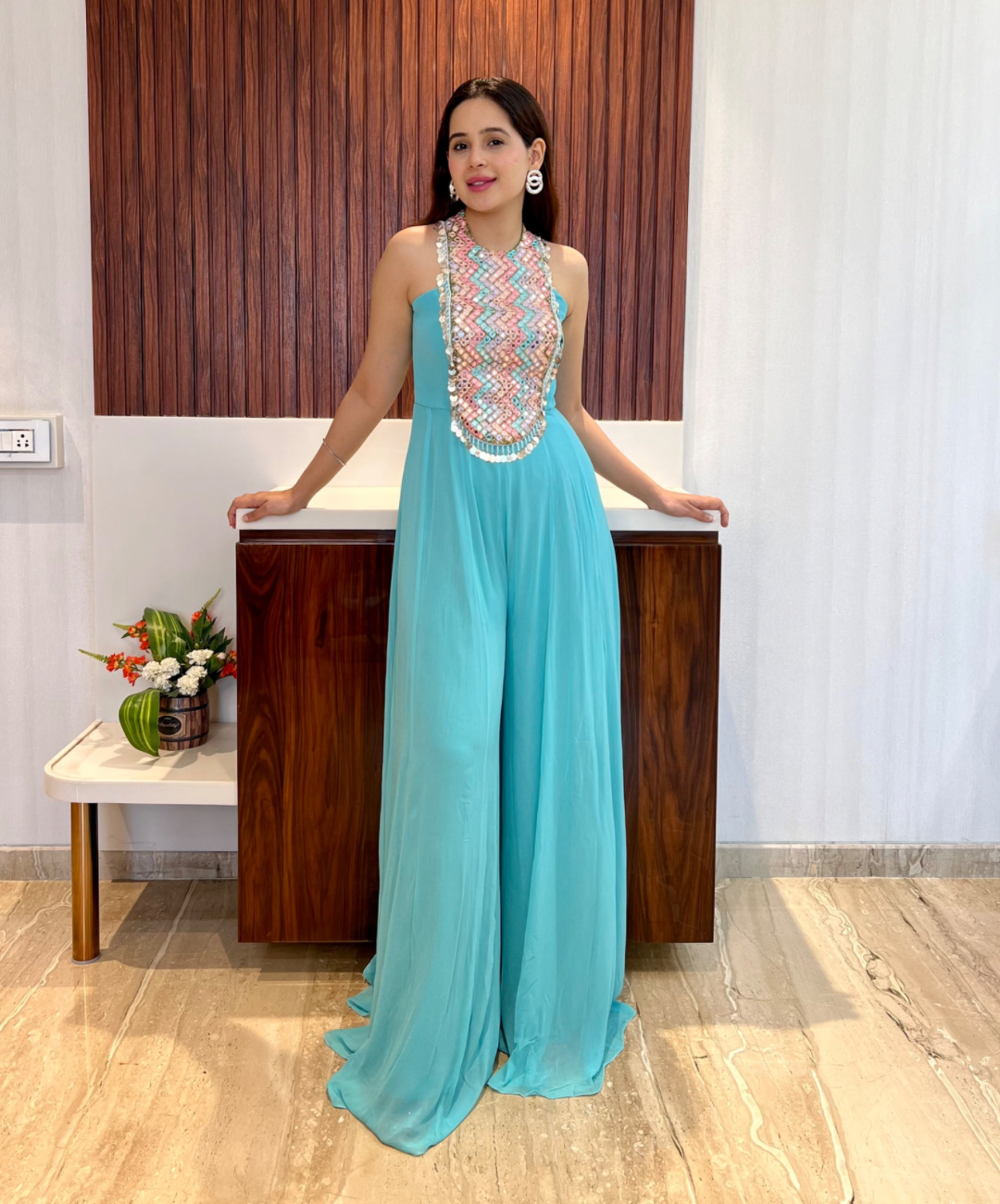 Ocean blue jumpsuit with multicolor handwork detailing