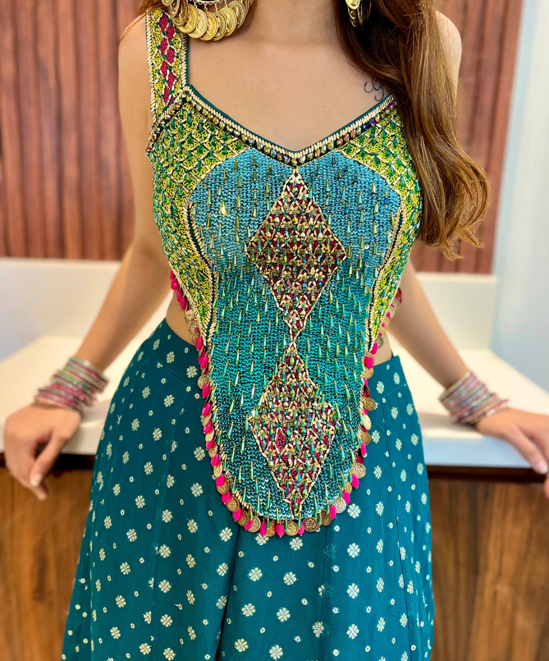 Teal Boho Set with multicolor hand embroidery