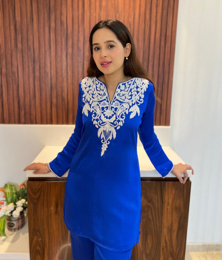 Royal blue Co ord set with Pearl & cutdana handwork