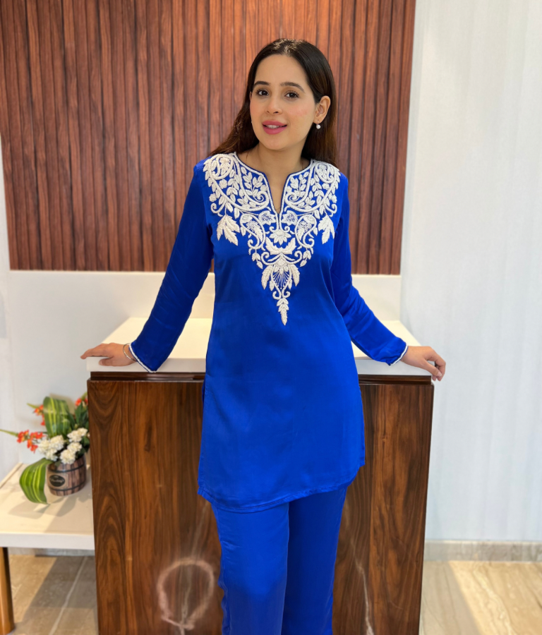 Royal blue Co ord set with Pearl & cutdana handwork