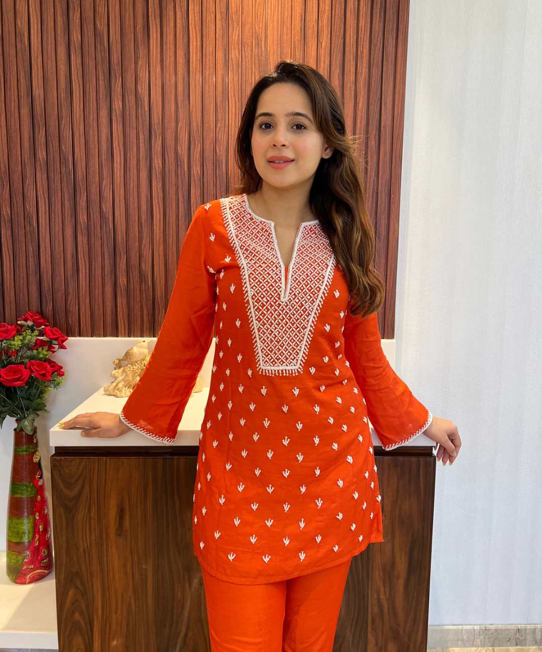 Tangerine Orange co-ord set with pearl and cutdana handwork