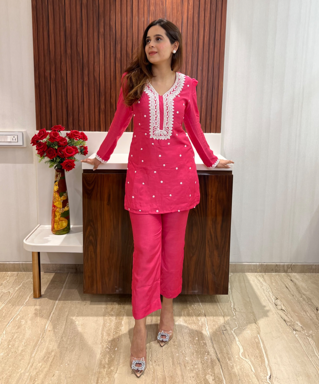 Zinnia Pink co-ord set with pearl and cutdana handwork