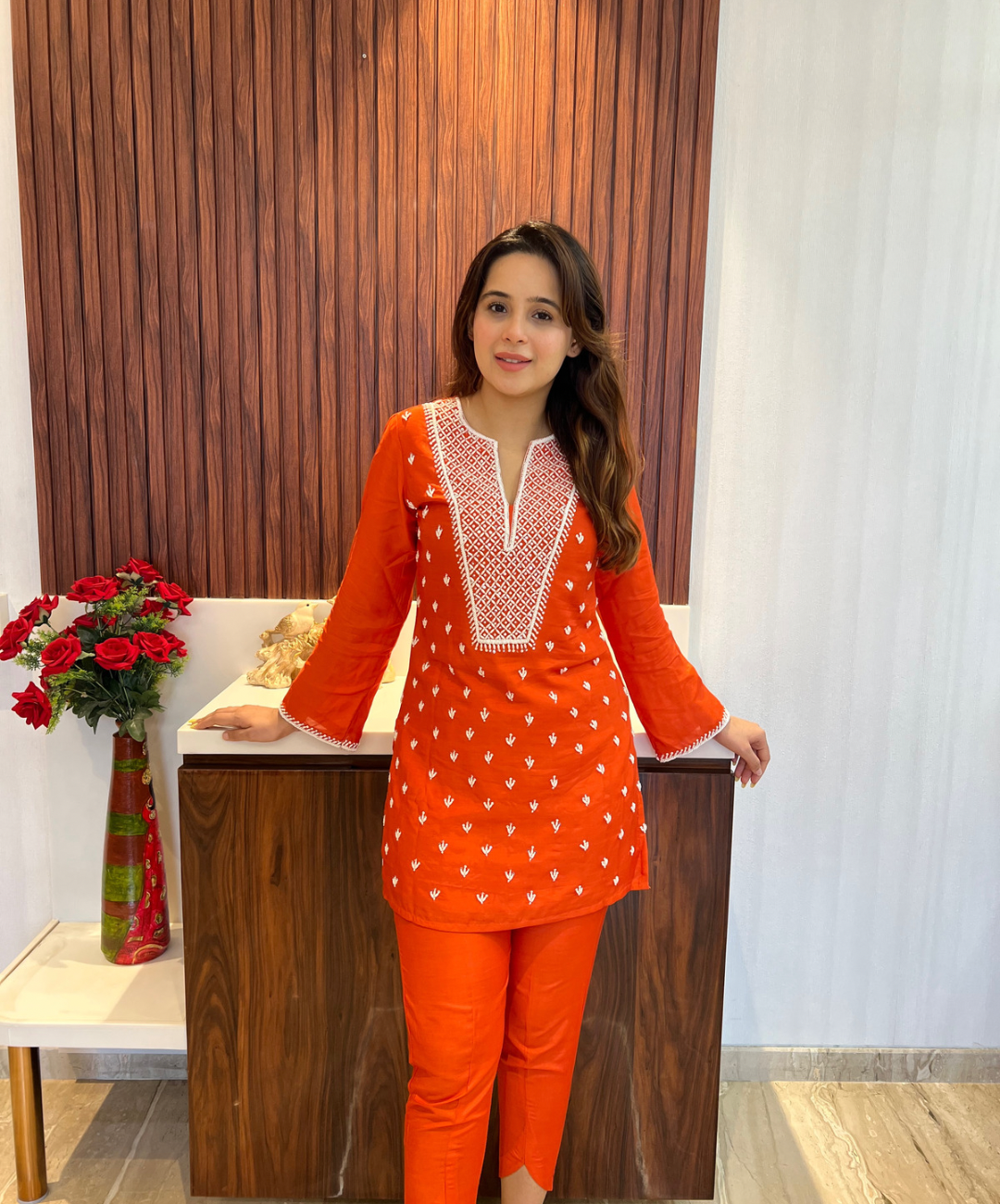 Tangerine Orange co-ord set with pearl and cutdana handwork