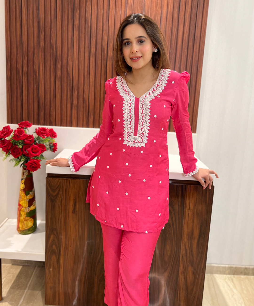 Zinnia Pink co-ord set with pearl and cutdana handwork