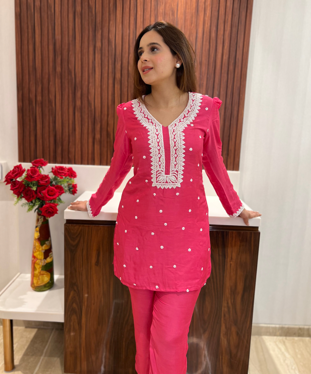 Zinnia Pink co-ord set with pearl and cutdana handwork