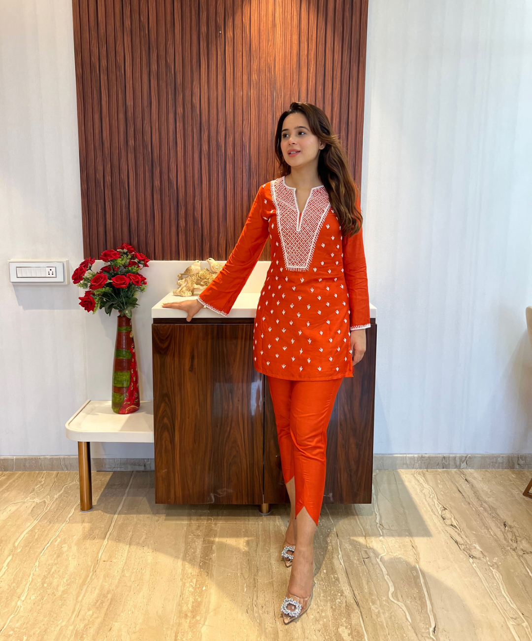 Tangerine Orange co-ord set with pearl and cutdana handwork