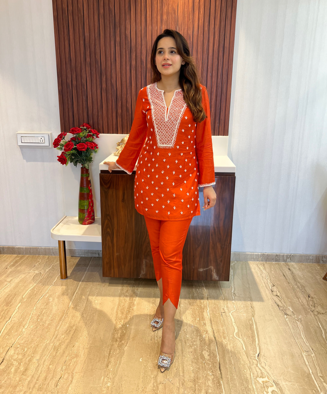 Tangerine Orange co-ord set with pearl and cutdana handwork