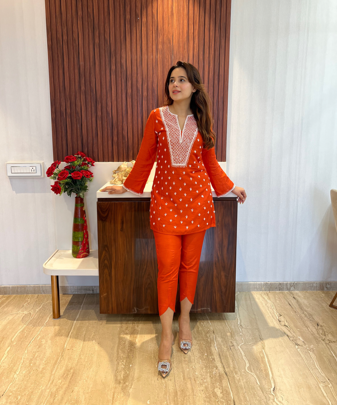 Tangerine Orange co-ord set with pearl and cutdana handwork