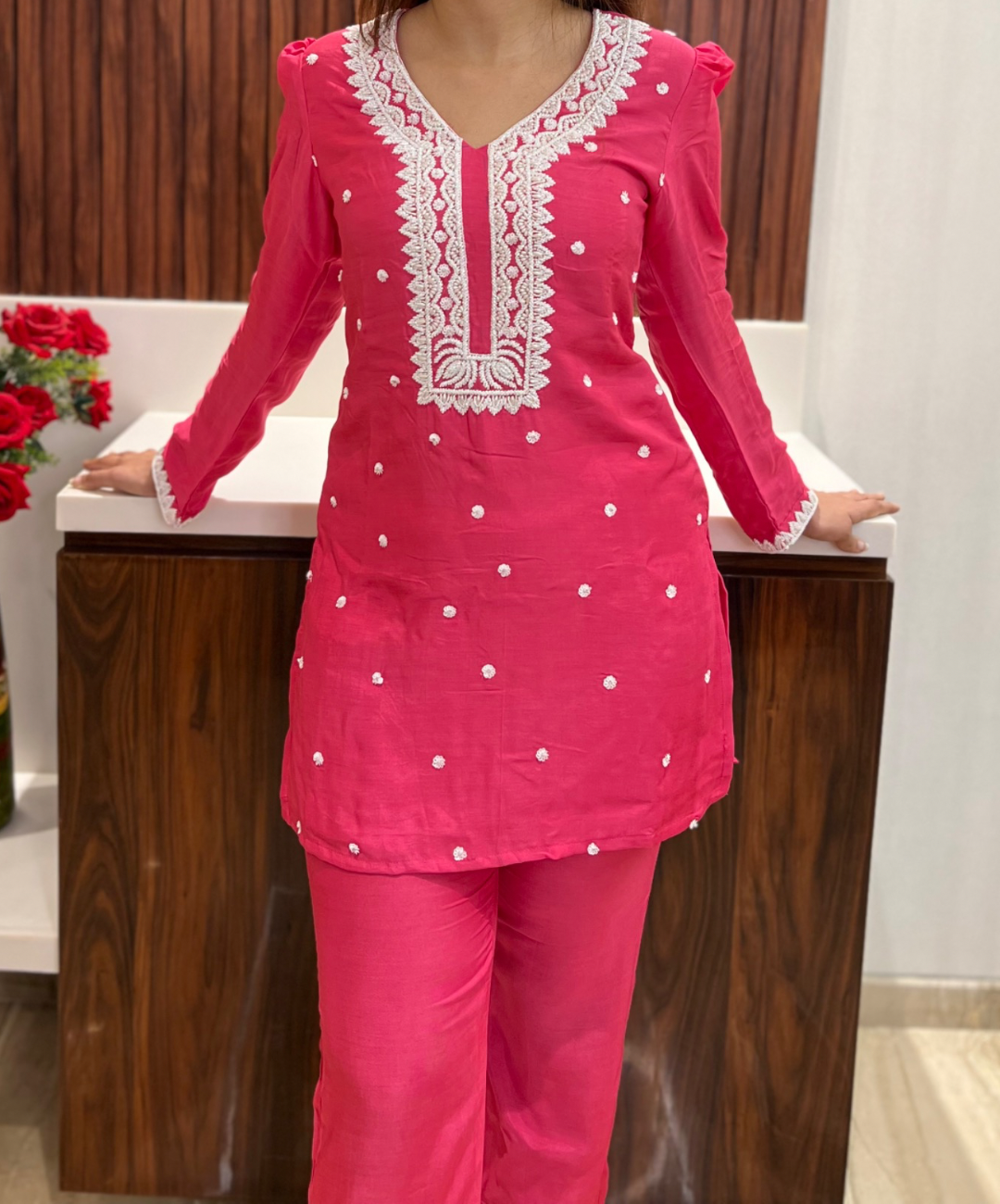 Zinnia Pink co-ord set with pearl and cutdana handwork