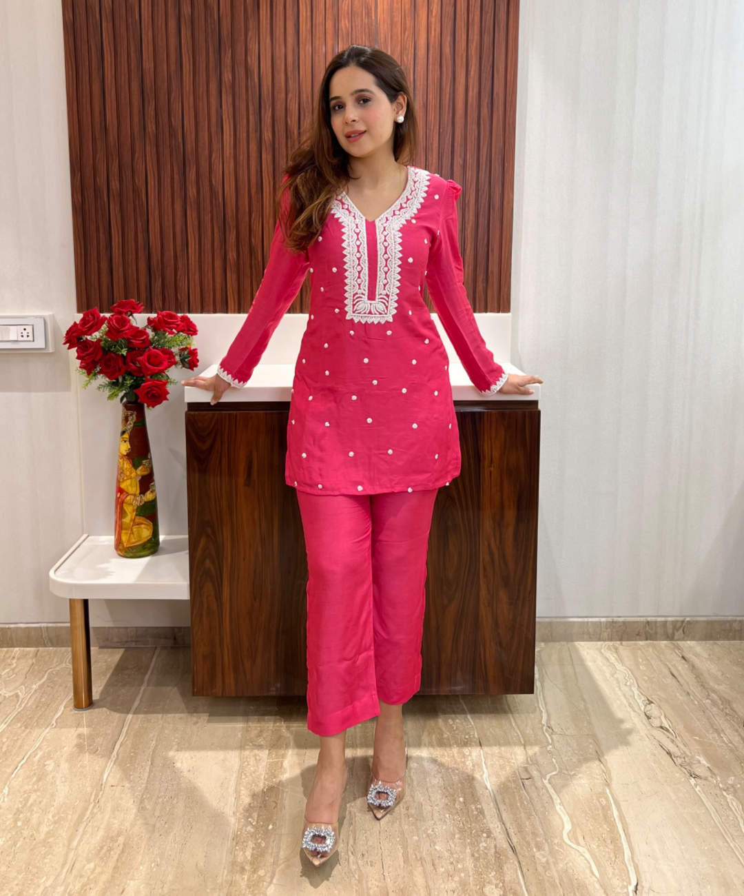 Zinnia Pink co-ord set with pearl and cutdana handwork