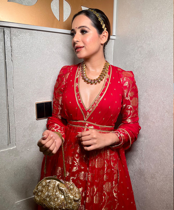 VINTAGE ROSE: RED FLORAL & STRIPE ANARKALI SET